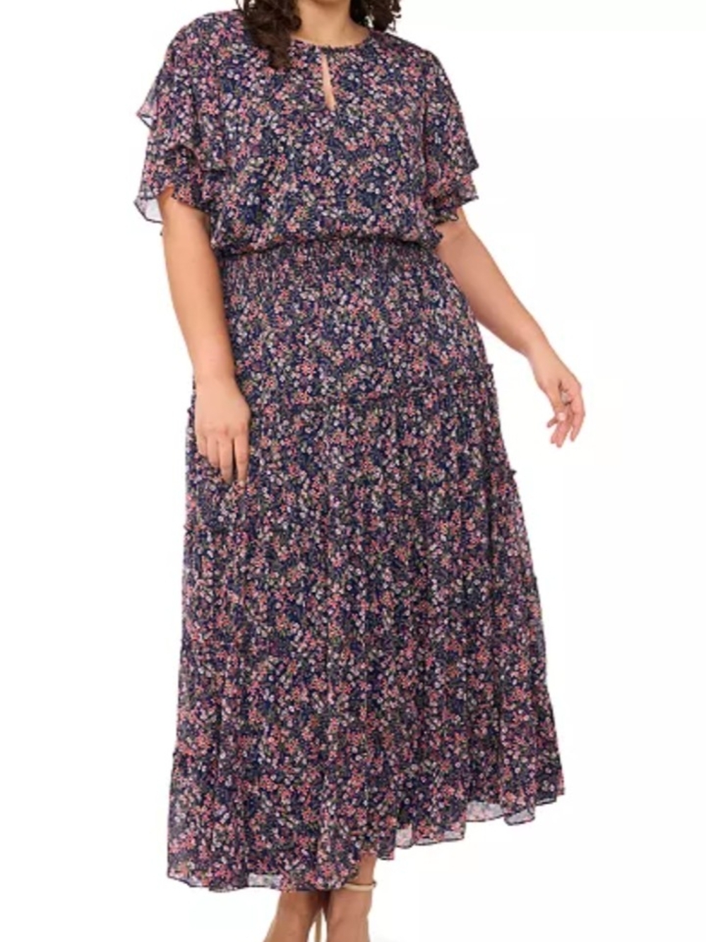 MSK Black Floral Tiered Maxi Dress with Ruffle Sleeves